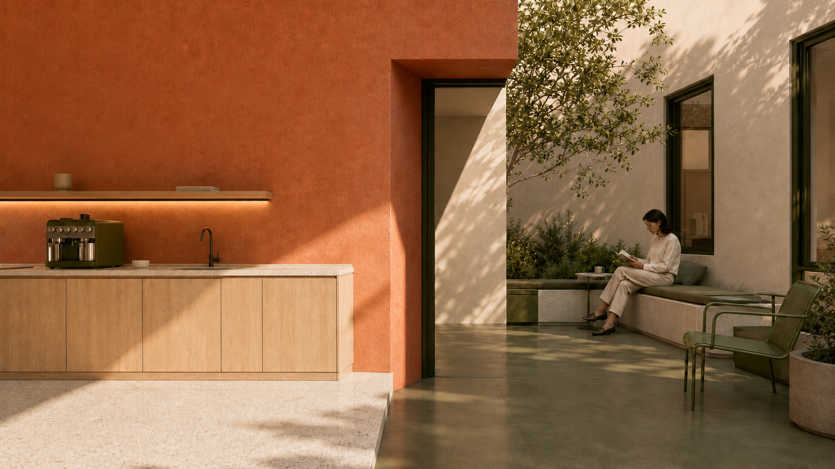 Cocina compartida que se abre hacia el patio