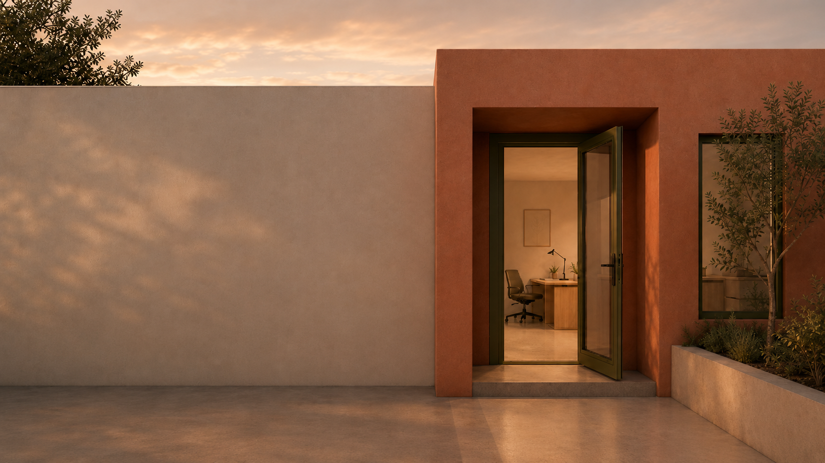 Exterior de las oficinas KUBO bajo la luz cálida del atardecer